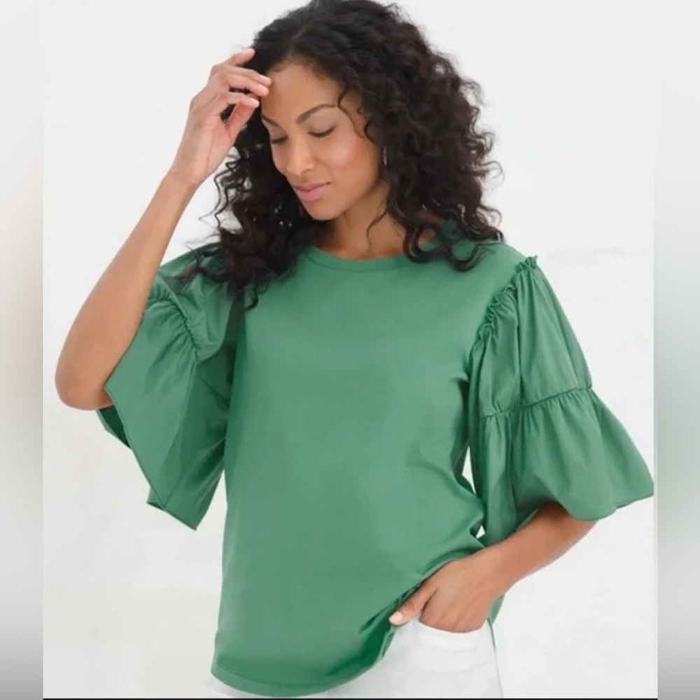 Chico's Green Ruffle Bell Sleeve Crew Neck T Shirt Blouse